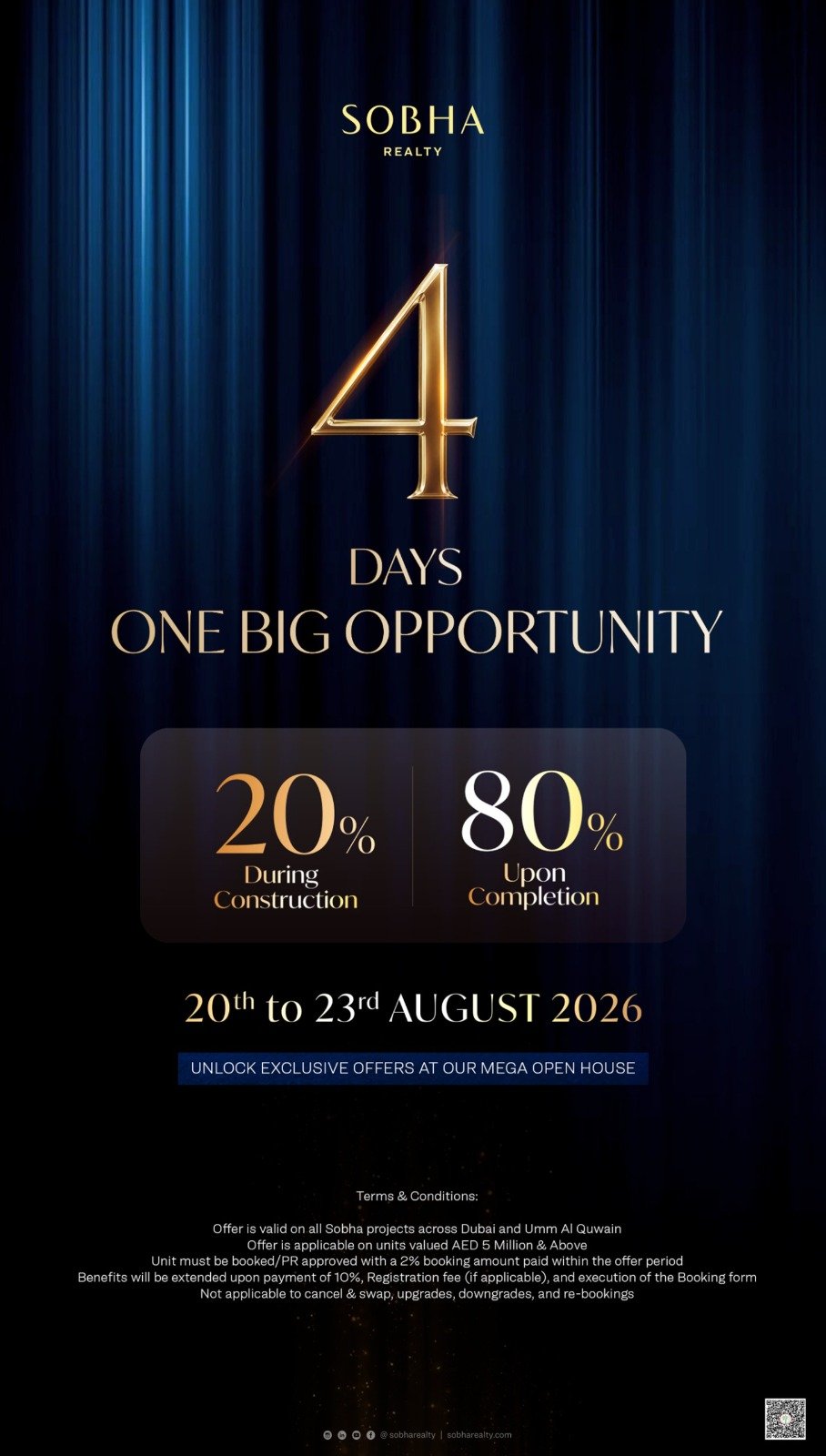 Sobha open house promotion creative showing 4 day opportunity and 20 / 80 payment plan